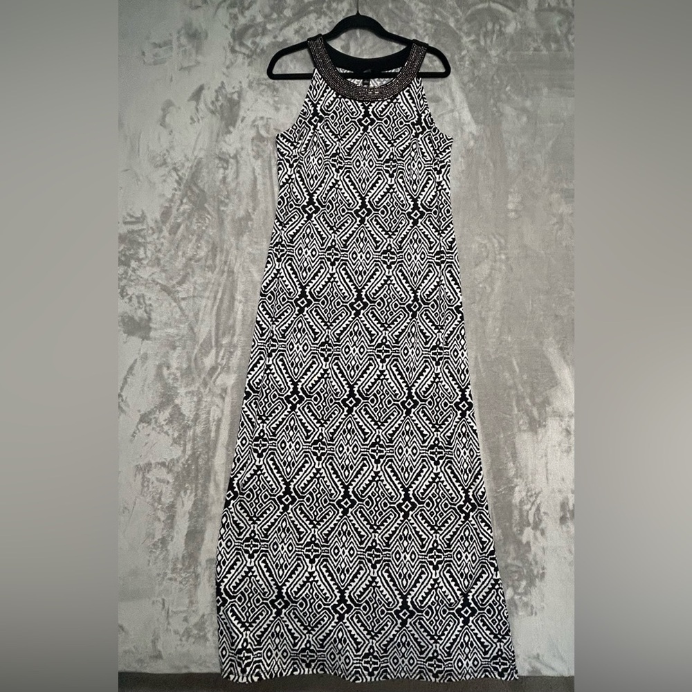 AB Studio Maxi Dress Women’s Large Black White Beaded Stretch Tribal Print